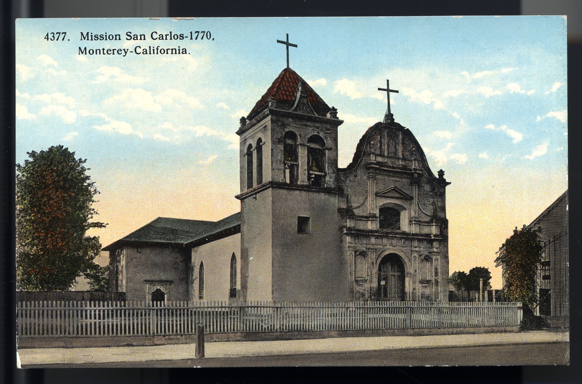 California Mission Colored Postcards 5 | California Missions Postcard 04 – Mission San Carlos – 1770, Monterey – California. I. L. Eno Company. Curt Teich Company. ca 1914. NMAH 1986.0639.0326.