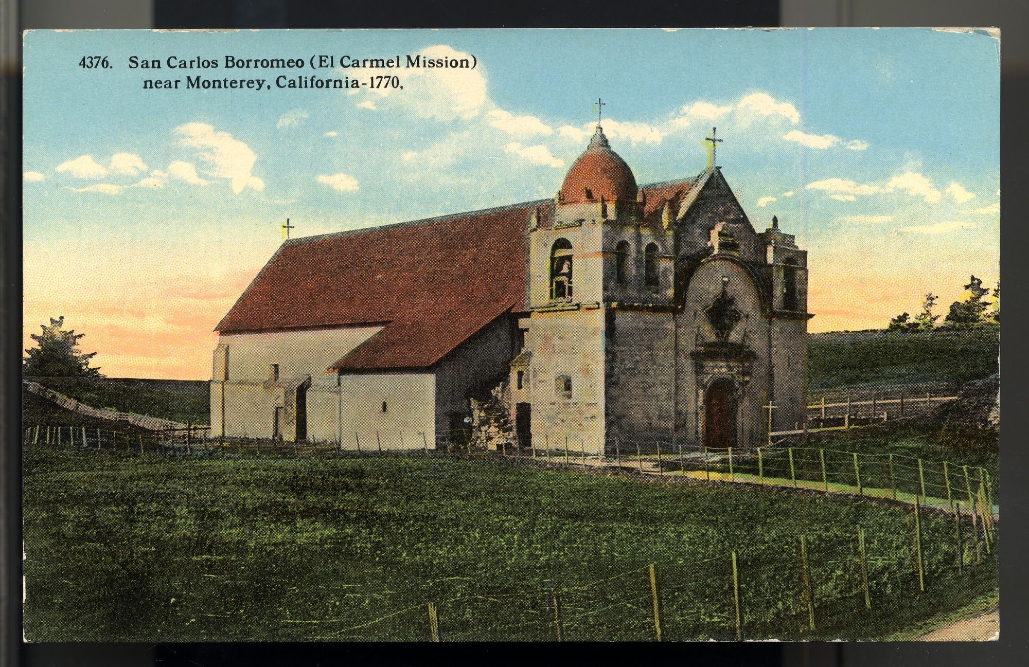 California Mission Colored Postcards 8 | California Missions Postcard 07 – San Carlos Borroméo (El Carmel Mission) near Monterey, California – 1770. I. L. Eno Company. Curt Teich Company. ca 1914. NMAH 1986.0639.0331.