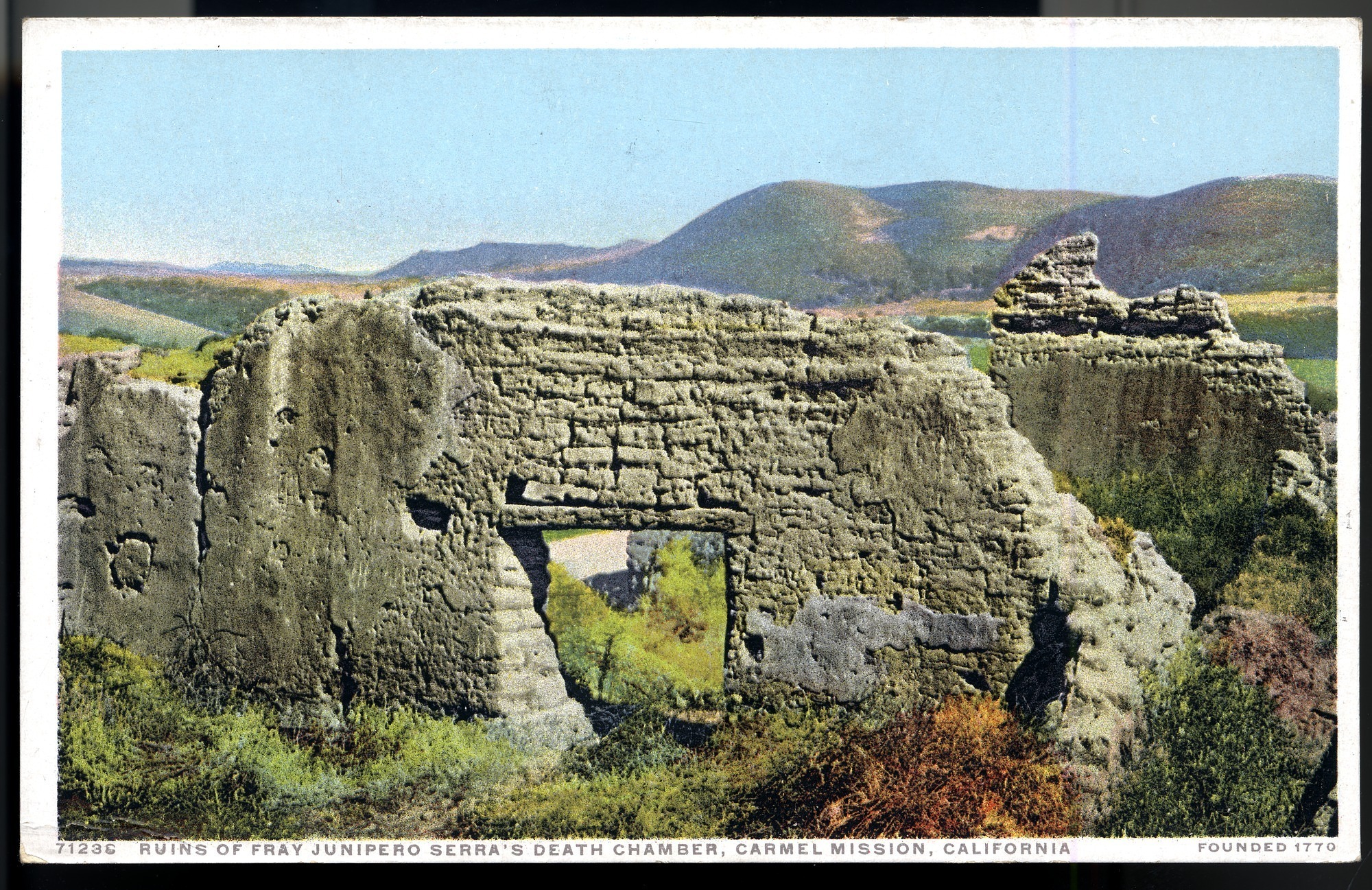 California Mission Colored Postcards 10 | California Missions Postcard 09 – Ruins of Fray Junipero Serra’s Death Chamber, Carmel Mission, California. Founded 1770. Detroit Publishing Company. ca 1910. NMAH 1986.0639.2016.