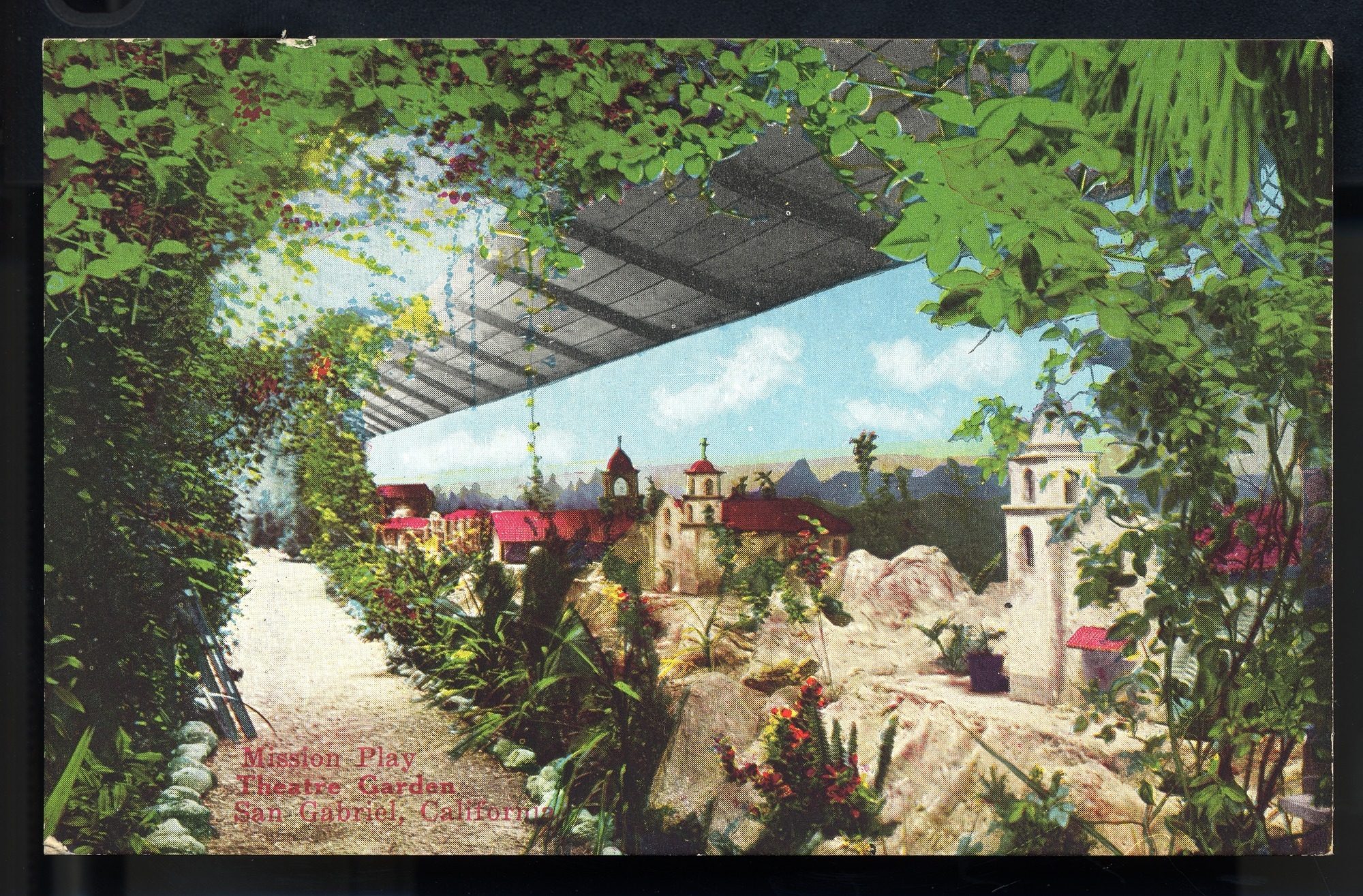 California Mission Colored Postcards 17 | California Missions Postcard 16 – Mission Play Theatre Garden San Gabriel, California. Van Ornum Colorprint Company. M. Kashower Company. 1908-1921. NMAH 1986.0639.0504.