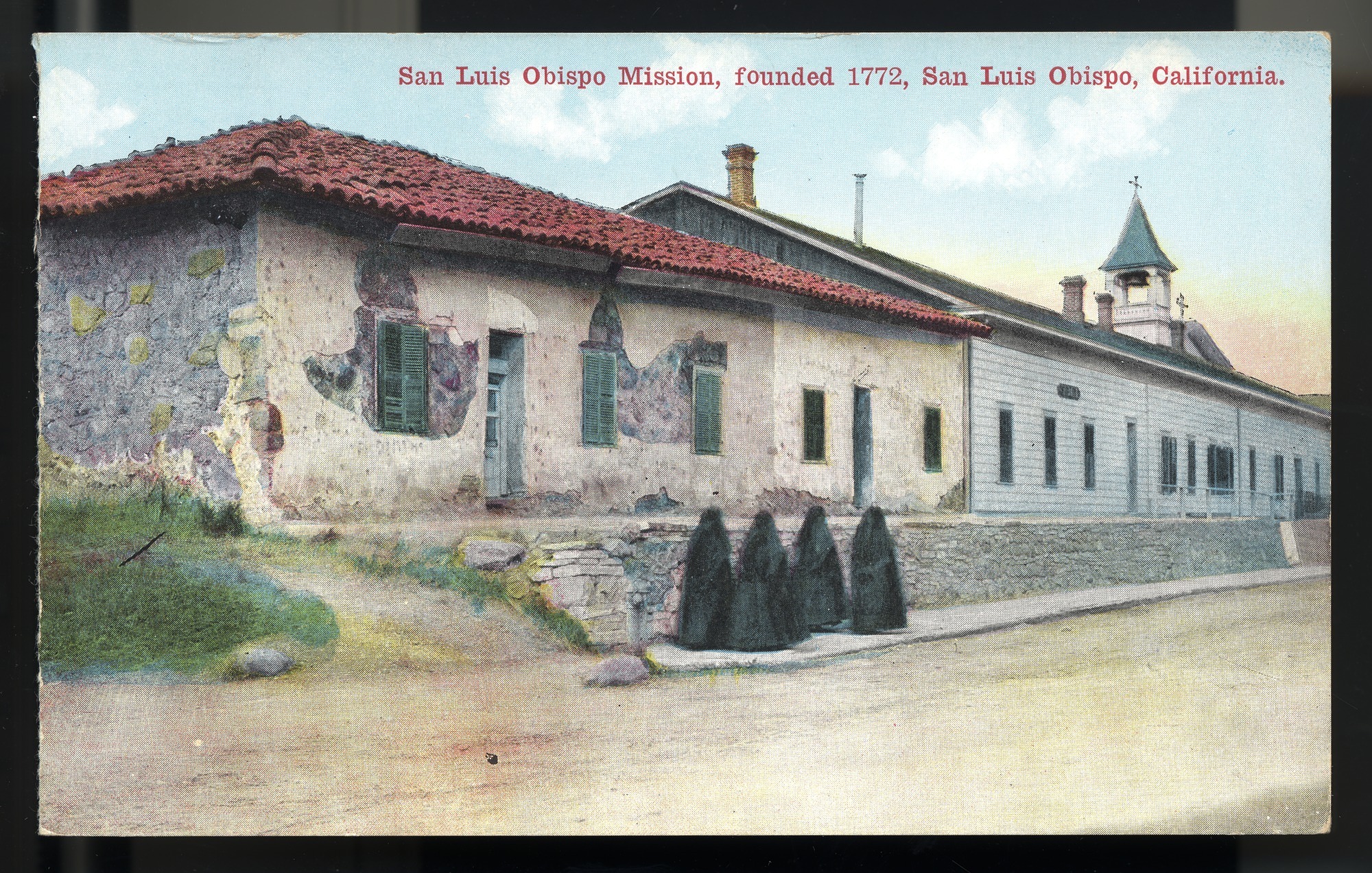 California Mission Colored Postcards 22 | California Missions Postcard 21 – San Luis Obispo Mission, founded 1772, San Luis Obispo, California. Van Ornum Colorprint Company. 1908-1921. NMAH 1986.0639.0481.