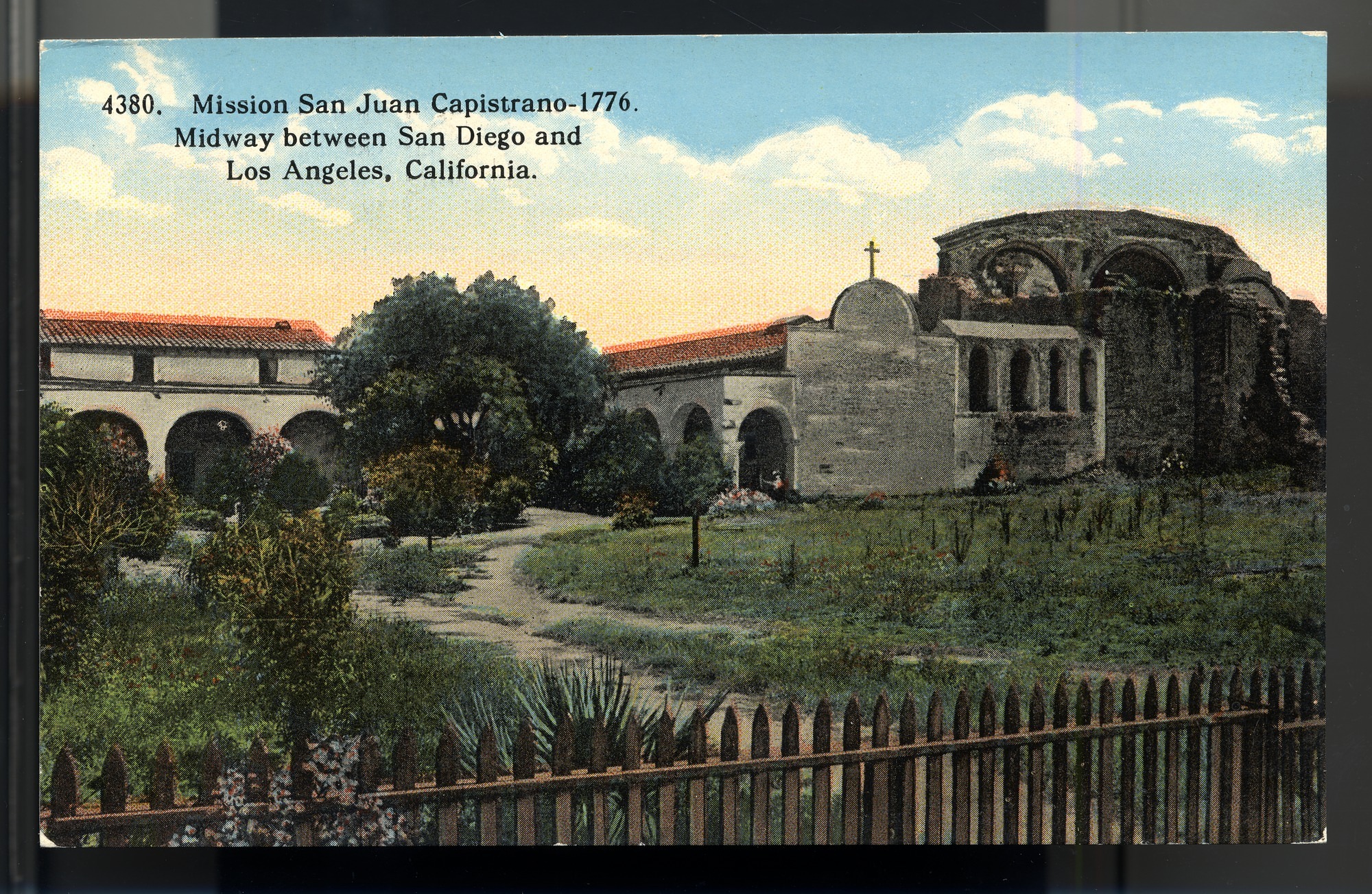 California Mission Colored Postcards 25 | California Missions Postcard 24 – Mission San Juan Capistrano – 1776. Midway Between San Diego and Los Angeles, California. I. L. Eno Company. Curt Teich Company. ca 1914. NMAH 1986.0639.0332.