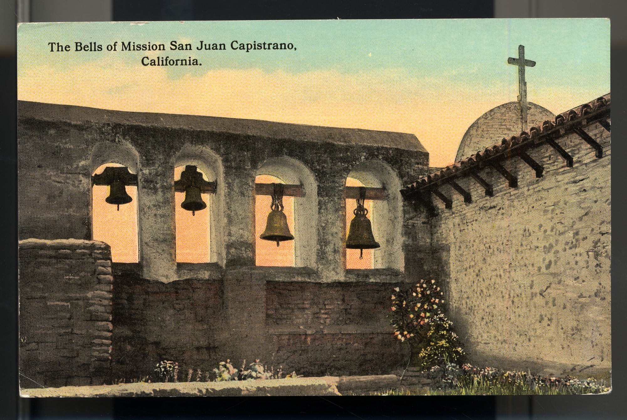 California Mission Colored Postcards 27 | California Missions Postcard 26 – The Bells of Mission San Juan Capistrano, California. Eno & Matteson. Curt Teich Company. ca 1915. NMAH 1986.0639.0599.