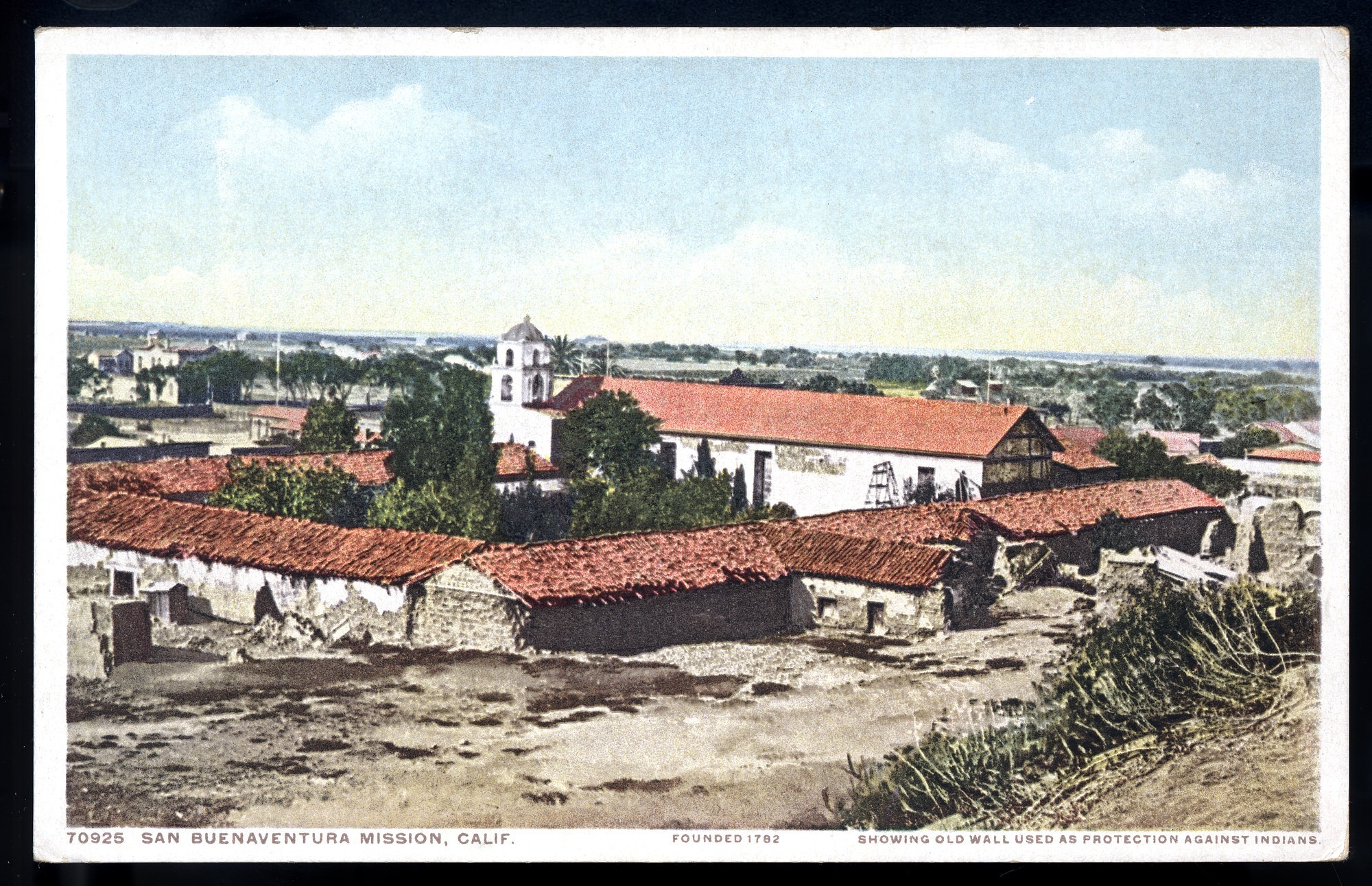 California Mission Colored Postcards 34 | California Missions Postcard 33 – San Buenaventura Mission, Calif., Founded 1782, Showing Old Wall Used as Protection Against Indians. Detroit Publishing Company. ca 1910. NMAH 1986.0639.2048.