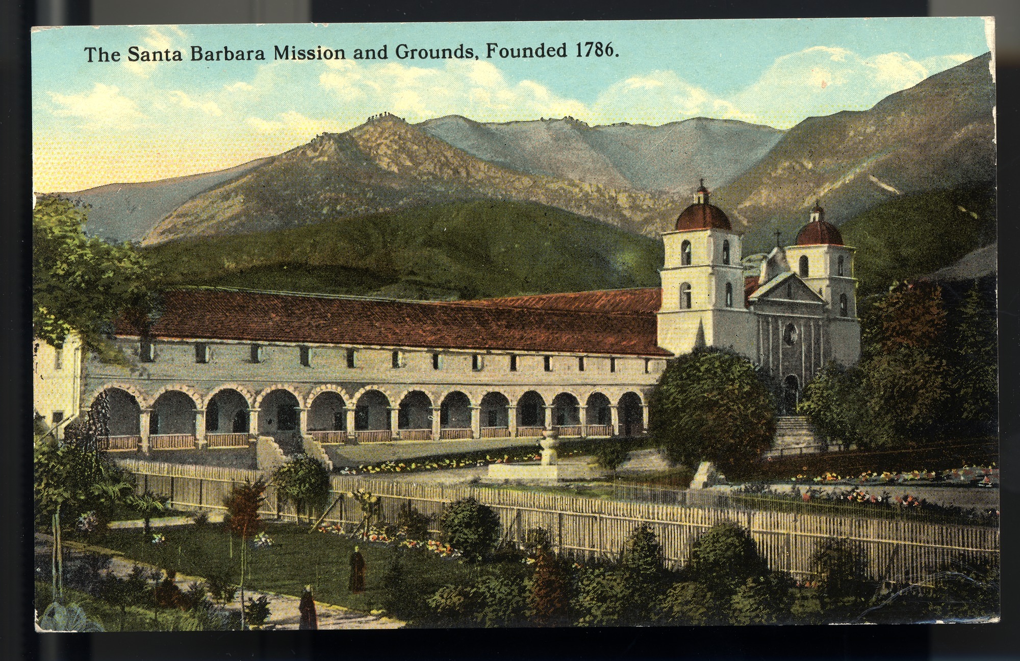 California Mission Colored Postcards 37 | California Missions Postcard 36 – The Santa Barbara Mission and Grounds, Founded 1786. Eno & Matteson. Curt Teich Company. ca 1915. NMAH 1986.0639.0597.