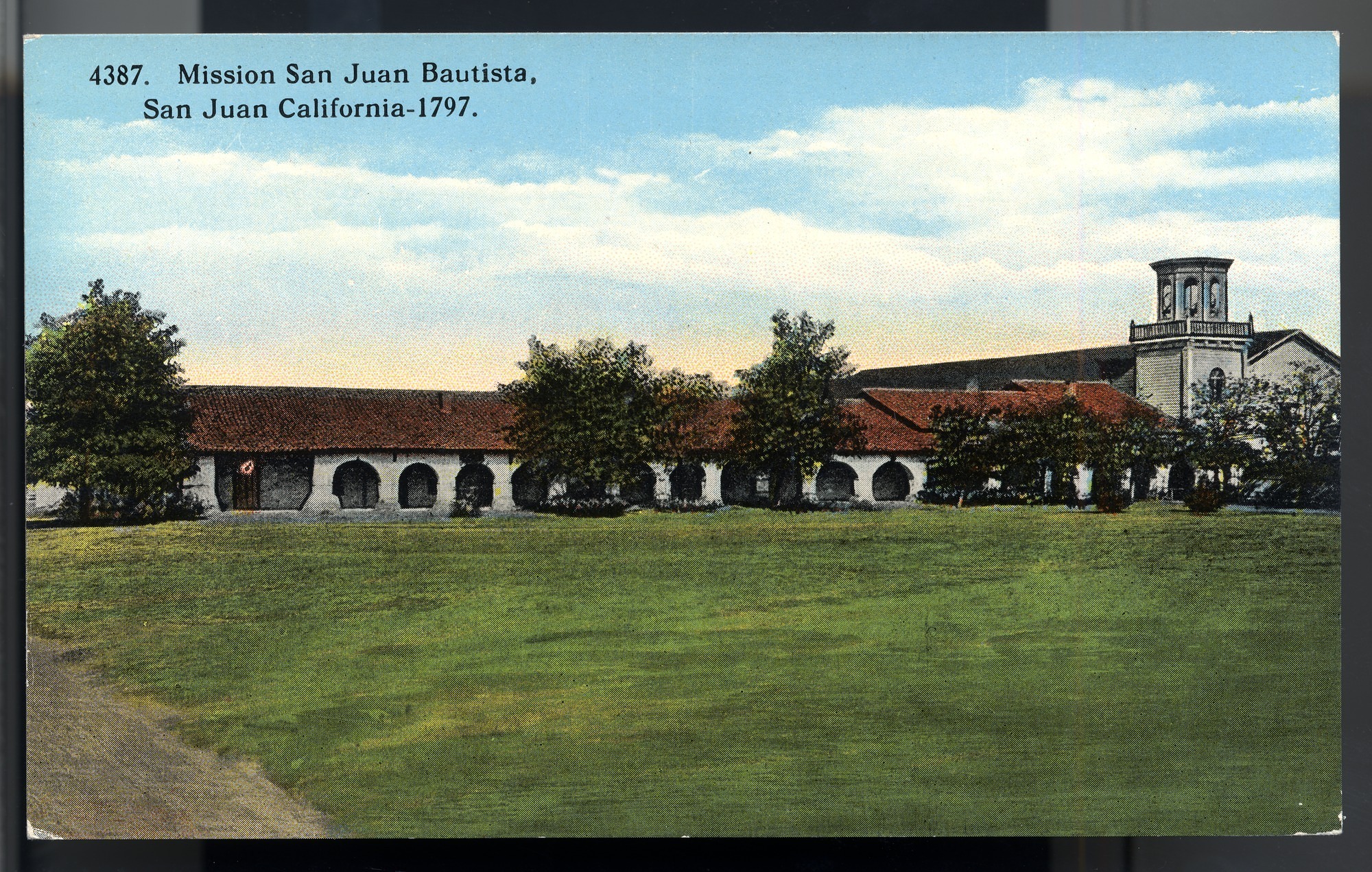 California Mission Colored Postcards 47 | California Missions Postcard 46 – Mission San Juan Bautista, San Juan, California – 1797. Eno, I. L. Curt Teich Company. ca 1914. NMAH 1986.0639.0313.