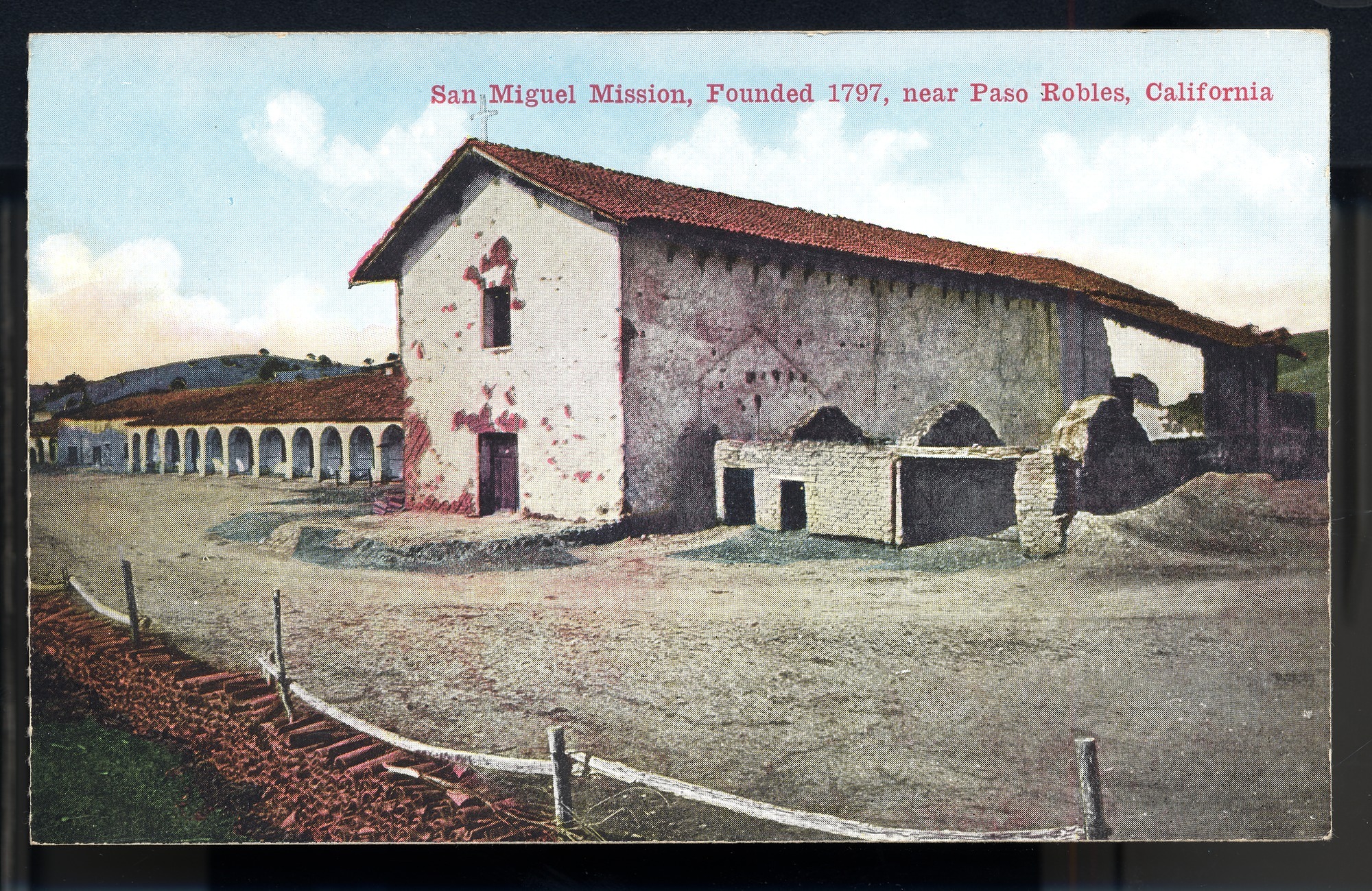 California Mission Colored Postcards 51 | California Missions Postcard 50 – San Miguel Mission, Founded 1797, near Paso Robles, California. Van Ornum Colorprint Company. 1908-1921. NMAH 1986.0639.0494.