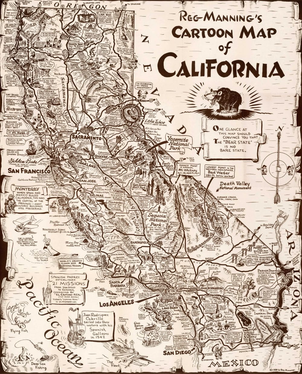 California Missions Maps 5 | California Missions Reg Manning's Cartoon Map of California