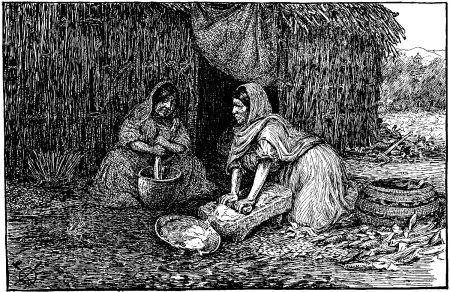 Dodge and Harmer's illustrations 10 | California Missions Grinding Corn in the Mortar and Crushing Soft Corn on the Metate - A. F. Harmer