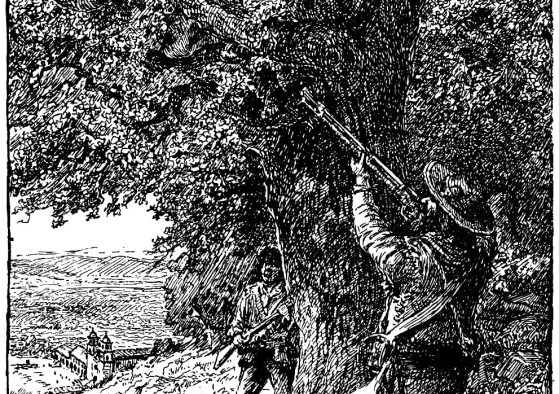 Dodge and Harmer's illustrations 14 | California Missions Soldiers Murdering an Indian during Recapture of Mission Santa Barbara, 1824 - A. F. Harmer