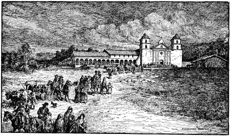 Dodge and Harmer's illustrations 15 | California Missions Colonists coming from Church, Mission Santa Barbara, 1824 - A. F. Harmer