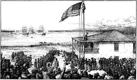 Dodge and Harmer's illustrations 34 | California Missions Raising of the Flag of the United States at Monterey, July 7th, 1846 - A. F. Harmer